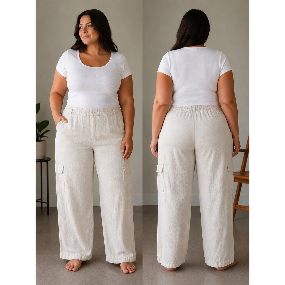 Rachel Roy 100% Linen Cargo Pants Womens Size XL Coastal Beachy Resort Luxury